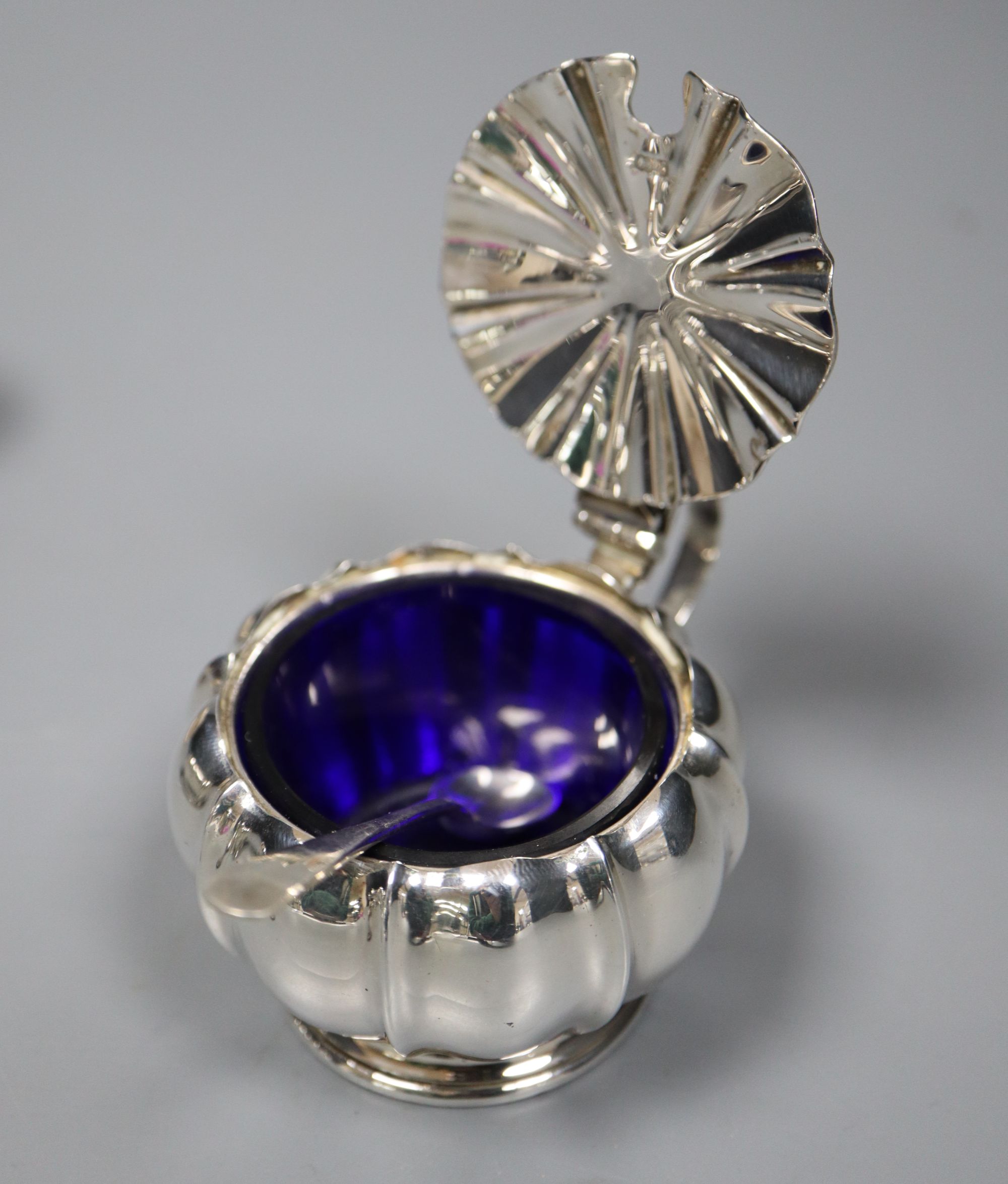 A peppermill, a three piece condiment set, a Victorian christening spoon and a plated lighter